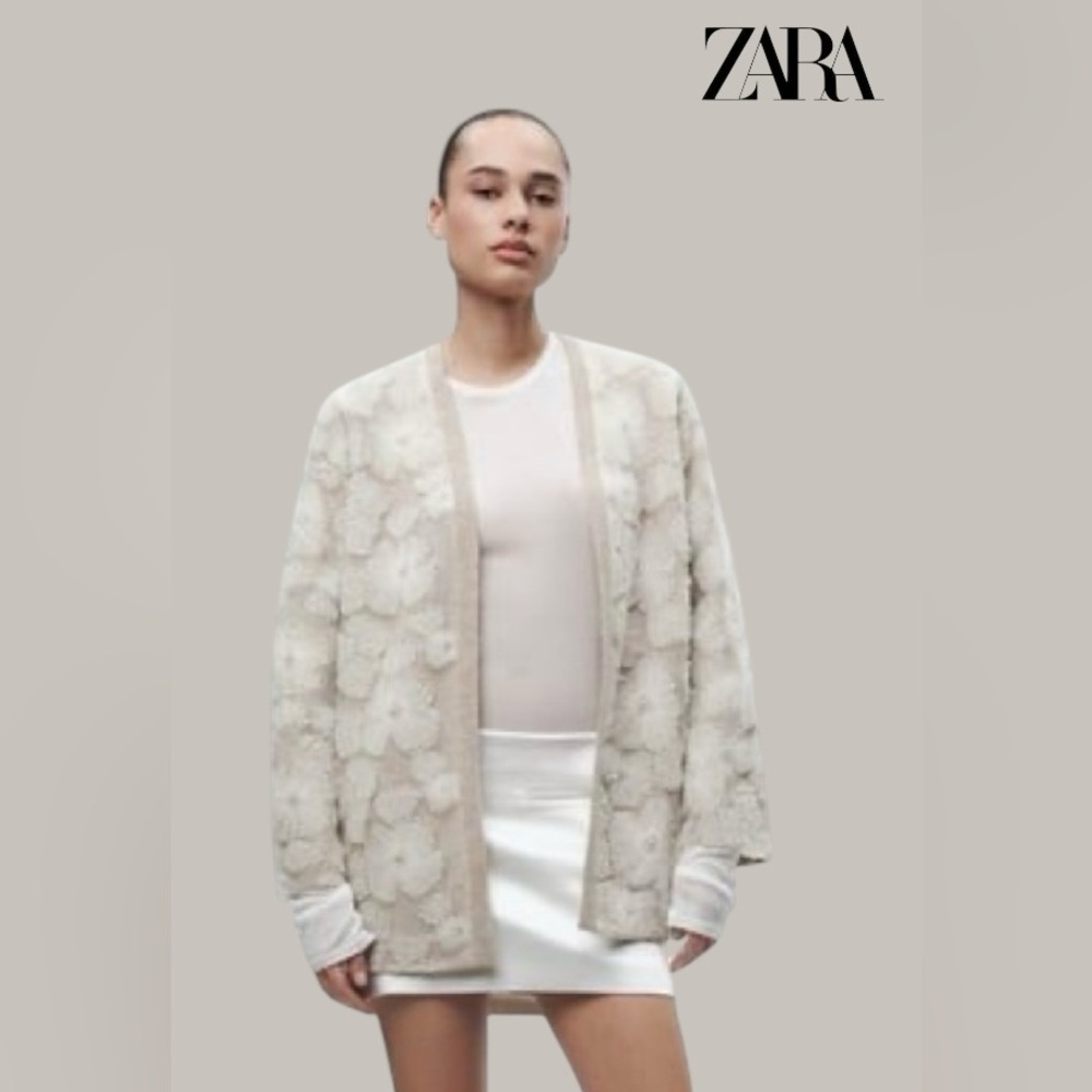 ZARA Floral Pearl Embellished Knit Cardigan – Beige / Cream - Picture 2 of 9